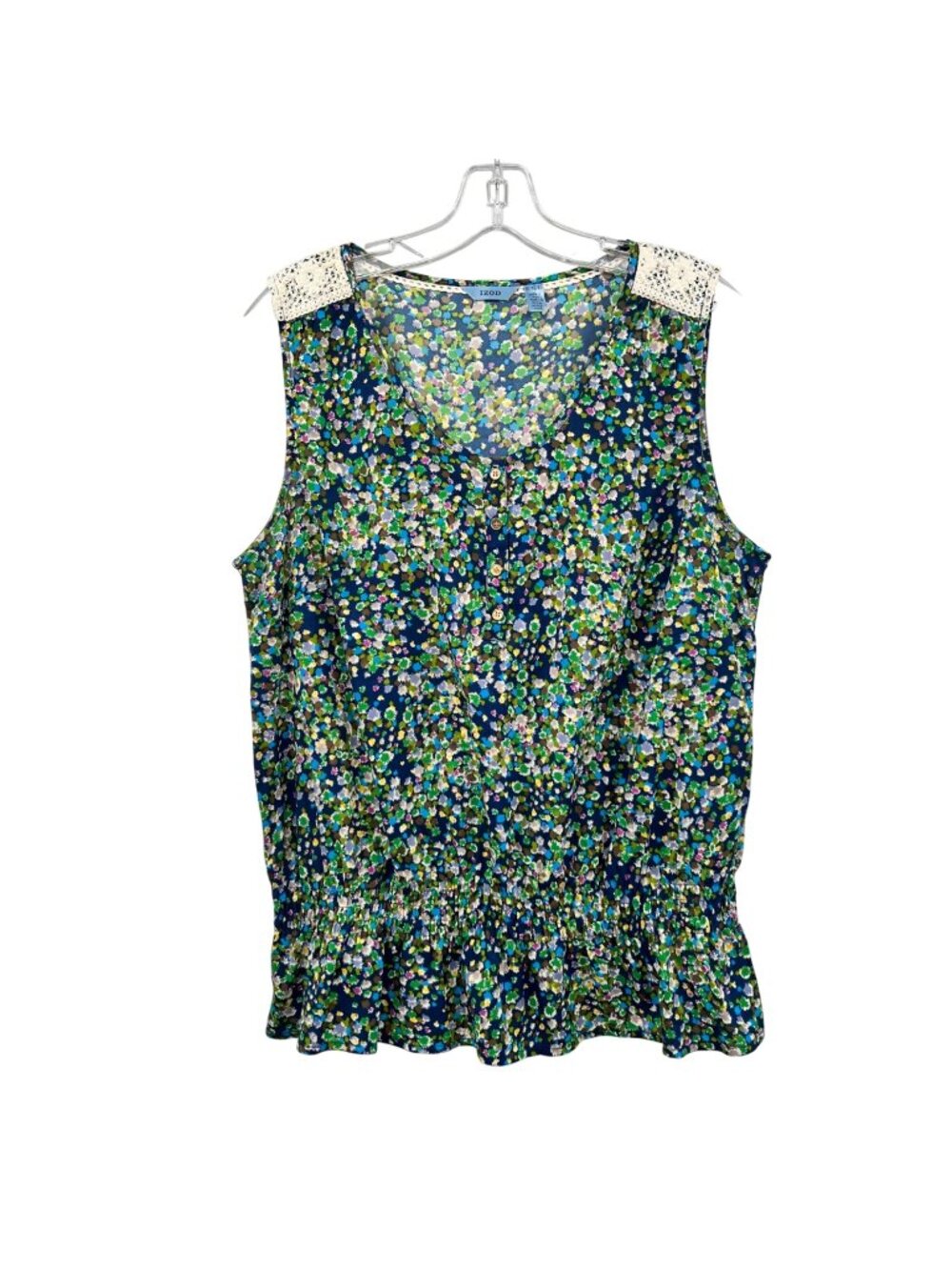 Izod Womens Print Sleeveless Top Crochet Trim Size XL Peplum
